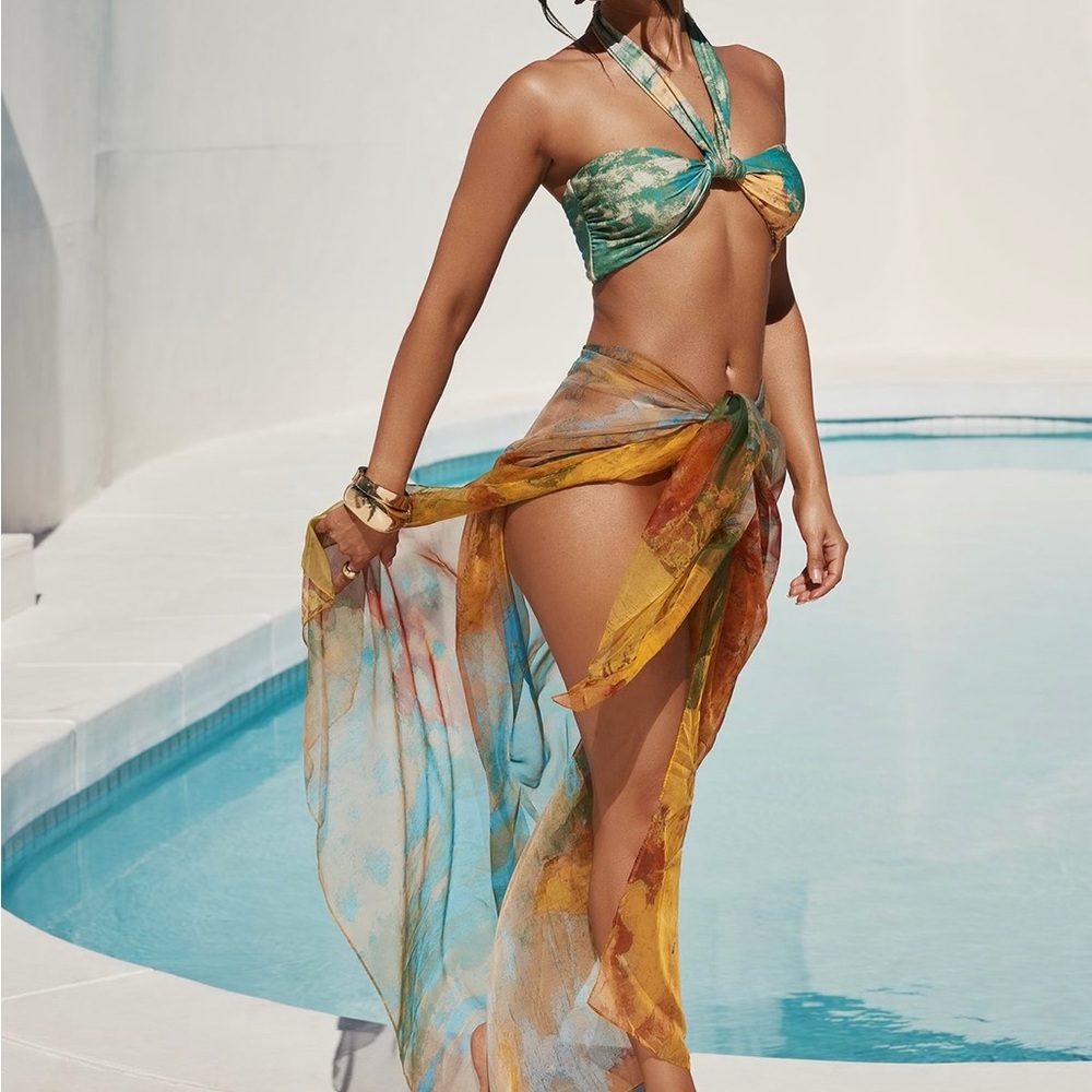 Fashion Nova Green and Yellow Tie-Dye Bikini Set with Sheer Sarong
